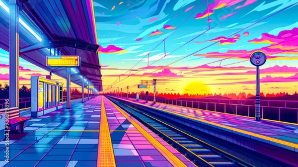 Fototapeta colorful line illustration of a railway station --ar 16:9 --stylize 250 --v 6 Job ID: 0a6db7e2-8913-4000-8b6c-b1094e293e44
