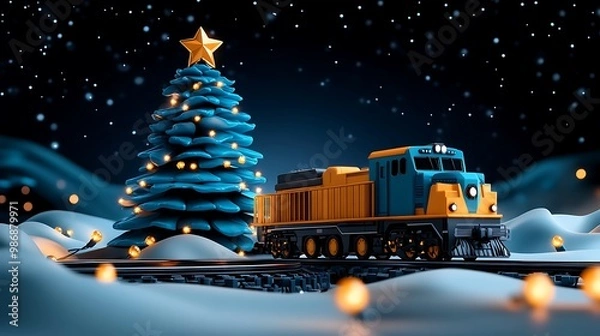 Fototapeta Festive Train by Christmas Tree at Night