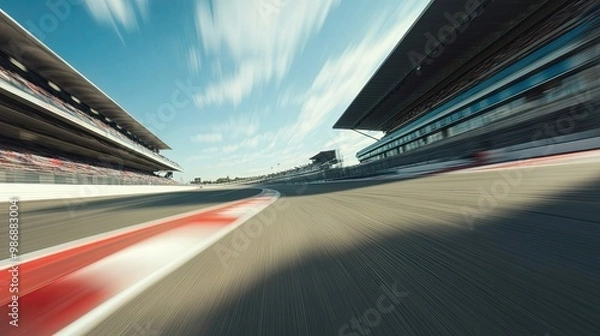 Fototapeta F1 Race Track Circuit with Motion Blur: High-speed F1 race track circuit with motion blur and grandstand stadium, showcasing Formula One racing.