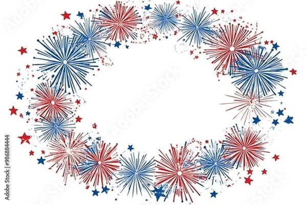 Fototapeta Watercolor wreath with round and fireworks. Traditional colors of 4th of July, Independence Day, USA national holiday. Hand drawn watercolor illustration isolated on white background