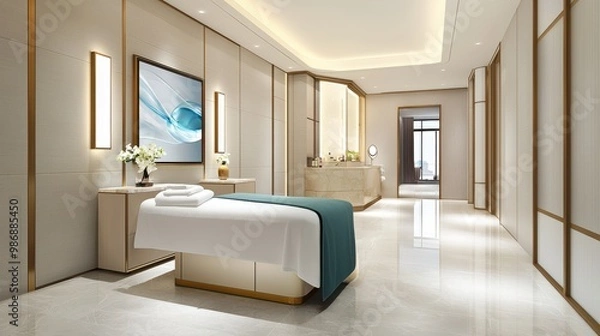 Obraz Luxury Spa Interior with Massage Table and Relaxing Atmosphere