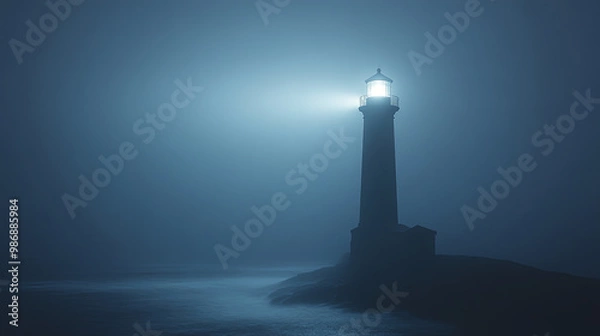 Obraz mysterious lighthouse stands tall on foggy night, its beam cutting through dense mist, creating eerie yet captivating atmosphere