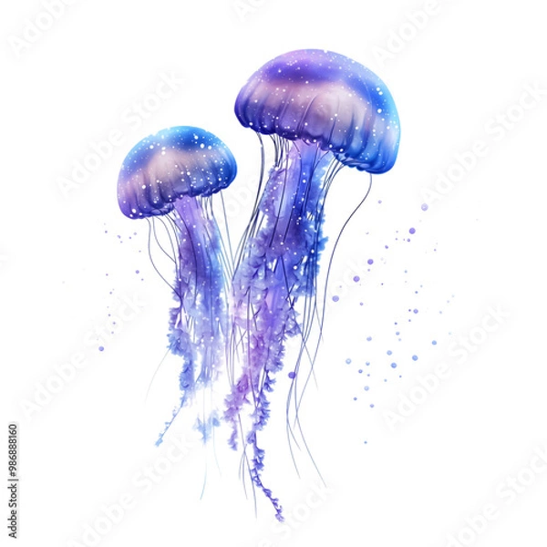 Fototapeta A group of blue, glowing jellyfish isolated on a transparent background