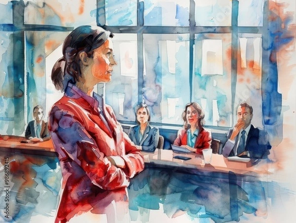 Fototapeta Watercolor painting of a red shirt female leader standing and summarizing work.