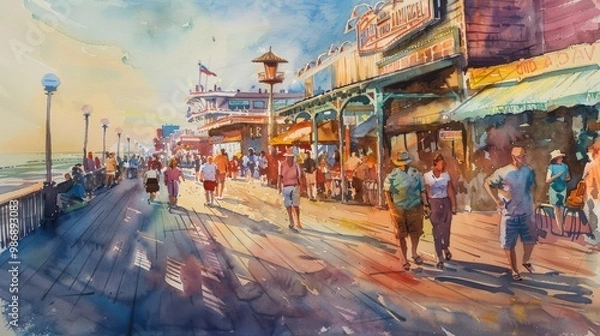 Fototapeta Watercolor paintings of beachside attractions crowded with people on holiday.