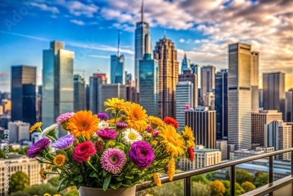 Fototapeta Colorful flower bouquet on balcony with urban skyline view