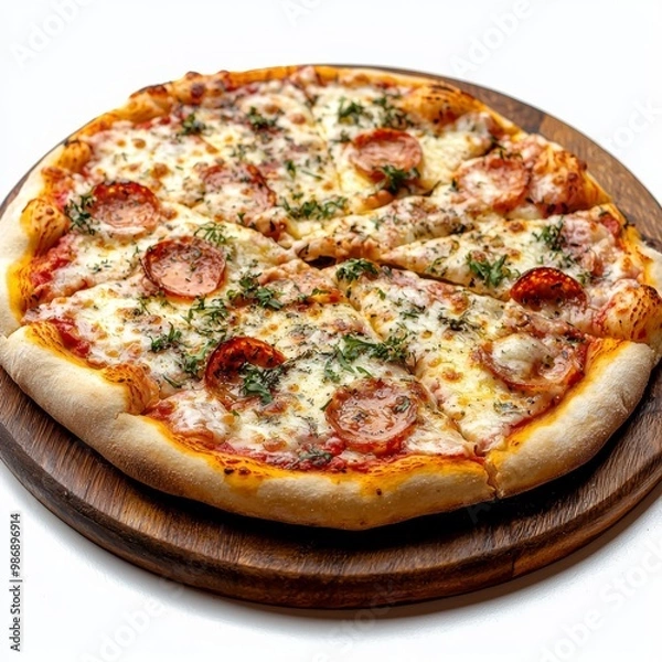 Fototapeta Wood-fired pizza with crispy crust isolated on white background
