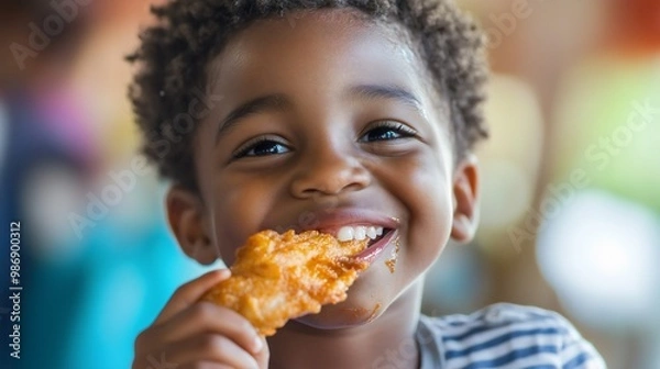 Obraz Smiling African American black male kid, toddler boy eating or biting a slice of fried crispy chicken Hungry and happy child enjoys unhealthy food Delicious dinner or lunch Poultry meat Cooked dish 
