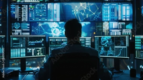 Obraz A cybersecurity specialist monitoring threats and securing systems, with multiple screens displaying security data.