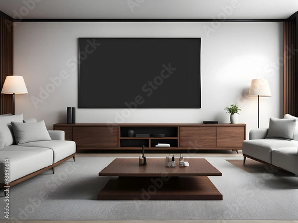 Fototapeta lounge interior with Big screen TV. Mock up blank tv display.