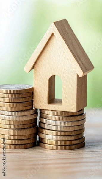 Fototapeta Wooden house model atop coins, symbolizing investment and real estate finance.