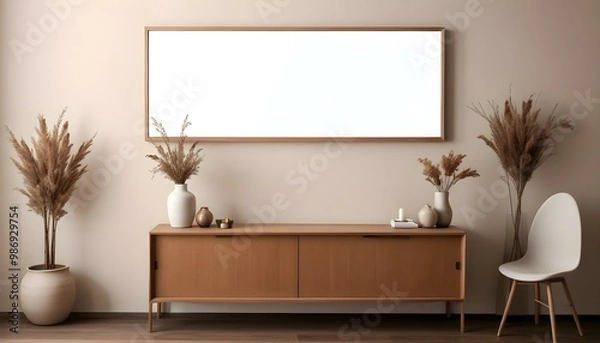 Fototapeta A modern minimalist living room with a large white framed mirror hanging on the wall above a wooden console table.