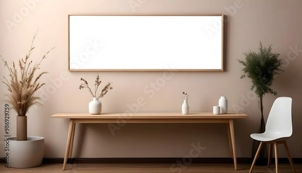 Fototapeta A modern minimalist living room with a large white framed mirror hanging on the wall above a wooden console table.