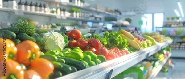 Fototapeta Grocery Market Interior Scene, vibrant aisles filled with colorful produce, neatly organized shelves, warm ambient lighting creating an inviting shopping atmosphere, detailed textures and layouts.