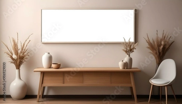 Fototapeta A modern minimalist living room with a large white framed mirror hanging on the wall above a wooden console table.