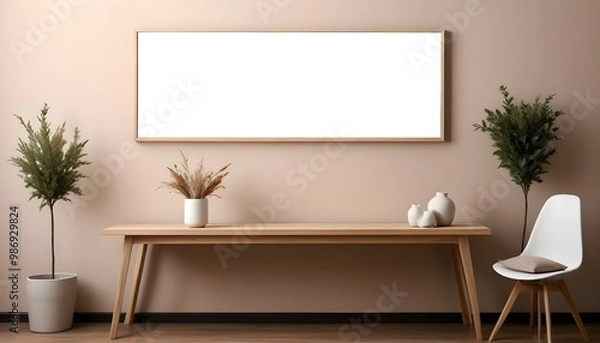 Fototapeta A modern minimalist living room with a large white framed mirror hanging on the wall above a wooden console table.