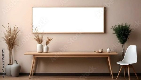 Fototapeta A modern minimalist living room with a large white framed mirror hanging on the wall above a wooden console table.
