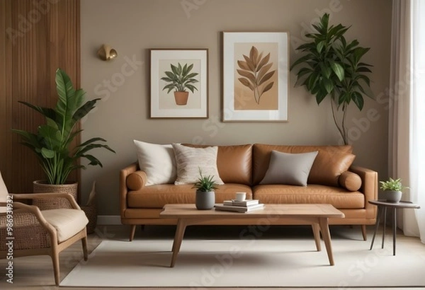 Obraz A modern living room with a tan leather sofa, wooden coffee table, and decorative elements like framed artwork and a potted plant.