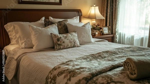 Fototapeta A comfortable guest room with fresh bedding, decorative pillows, and a welcoming atmosphere.