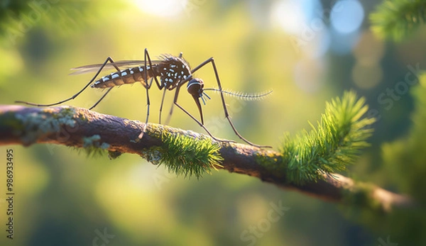 Fototapeta Aedes aegypti perched on the branch of an old tree