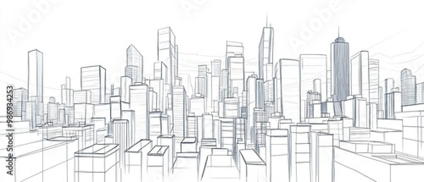 Fototapeta Sketch of a city skyline, with buildings drawn in lines.