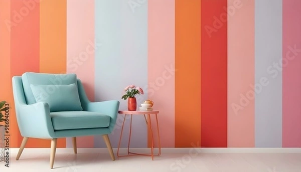 Fototapeta A modern living room with a teal sofa, a red side table, and a pink and orange striped wall.