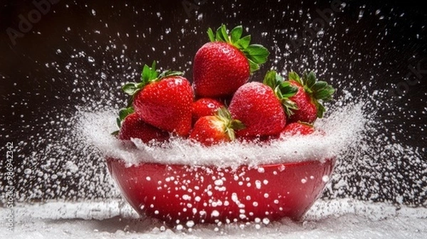 Fototapeta Juicy strawberries are splashing into a red bowl against a dark background, with water droplets flying in all directions, creating a refreshing and vibrant moment