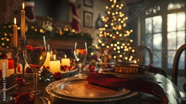 Fototapeta Festive atmosphere fills the dining room, where a christmas tree glows in the background, creating a warm and inviting ambiance for the holiday meal