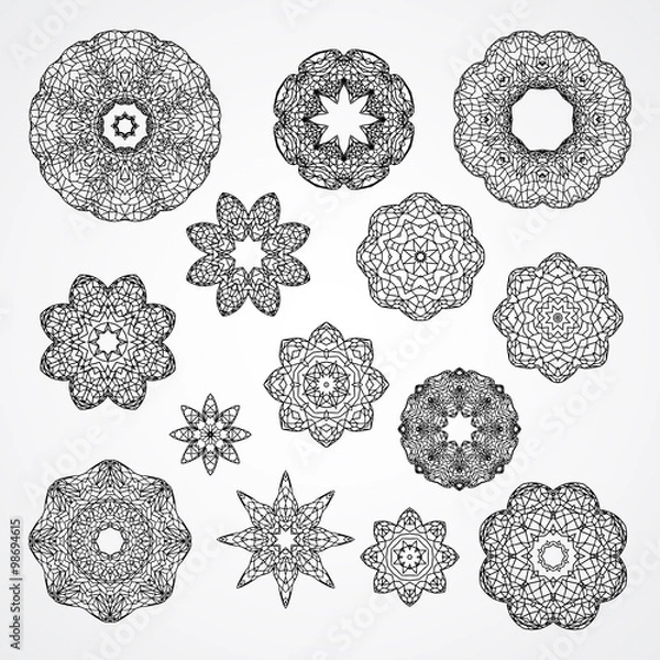 Fototapeta Set of gothic circle ornament roses and stars in vector, isolate