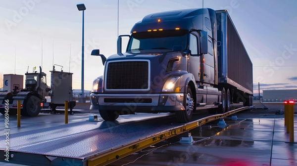 Obraz A truck or trailer carrying cargo undergoes a weighing procedure. Neural network AI generated art