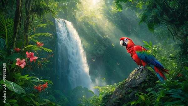 Fototapeta Brilliantly Colored Bird in a Majestic Waterfall Setting