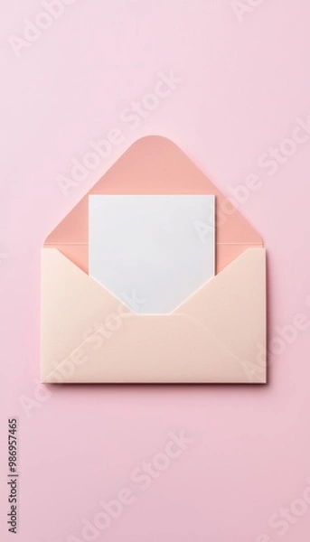 Fototapeta Stylish open envelope with a blank card on pink background.