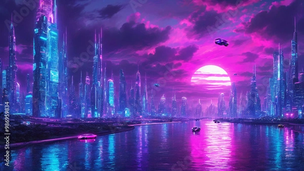 Fototapeta Futuristic Cityscape with a Serene Lake and Drones in the Sky