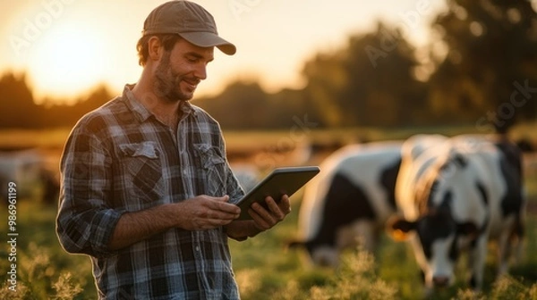 Fototapeta Farmer using tablet to manage dairy cows in the pasture
