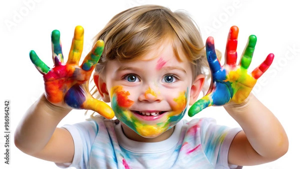 Obraz Portrait of a Child with Hands Dirty from Paint on a Transparent PNG Background