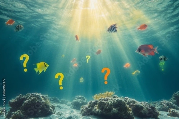 Fototapeta Vivid underwater scene with colorful fish swimming in clear water. Light beams illuminate the coral below. This image captures marine beauty. Generative AI