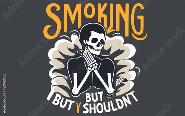Fototapeta : A skeleton in a suit smoking a cigarette, surrounded by swirling smoke in a stylized design.
