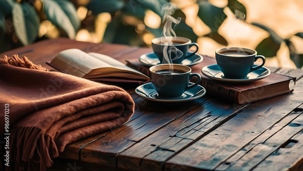 Fototapeta hot black coffee on a brown wooden table, with a saucer and a book beside it