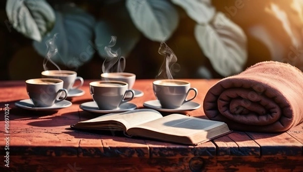 Fototapeta hot black coffee on a brown wooden table, with a saucer and a book beside it