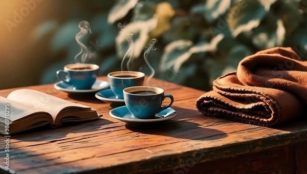 Fototapeta hot black coffee on a brown wooden table, with a saucer and a book beside it