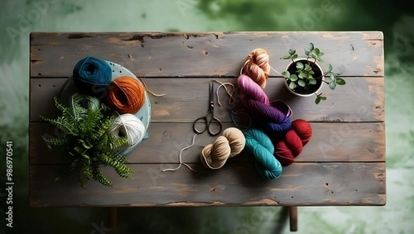 Fototapeta An overhead view of a rustic wooden table displays a handmade craft project with yarn, scissors, and a small potted plant. The green, leafy background remains softly out of focus.