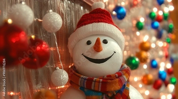 Fototapeta A cheerful Christmas greeting card featuring a friendly snowman holding a candy cane