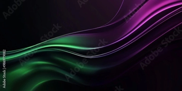 Fototapeta A digital illustration of abstract green and purple wavy lines on a black background.