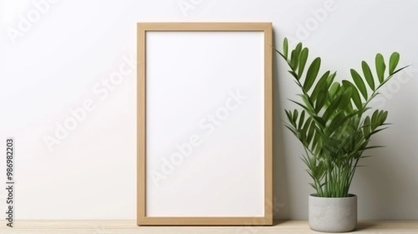 Fototapeta A blank canvas in a wooden frame sits on a tabletop next to a potted green plant against a white wall.