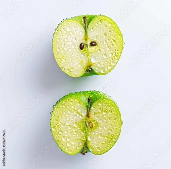 Fototapeta two halves of a green apple with water drops, top view, white background