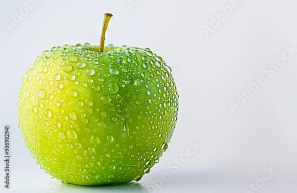Fototapeta fresh green apple with water drops on it on white background
