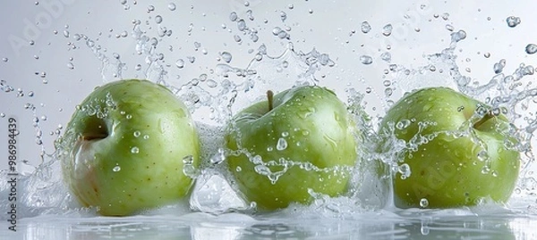 Fototapeta green apples in splashes of water, white background, minimalistic, copy space, side view