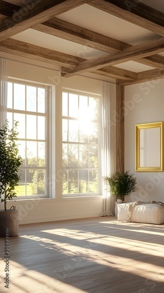 Fototapeta Bright and airy 3D rendered farmhouse interior with large windows exposed wood beams and an elegant golden frame mockup creating a atmosphere
