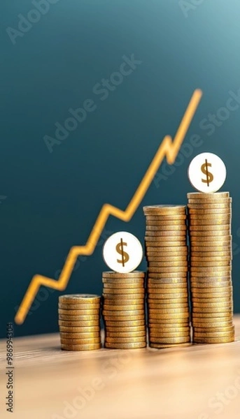 Obraz Stack of coins with dollar symbols, graph showing growth, financial concept on a blurred background.