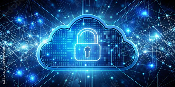 Fototapeta A digital depiction of a cloud with a lock in the center symbolizes cloud security. Surrounding the cloud are interconnected lines and blue lights, suggesting a networked environment. AI generated.